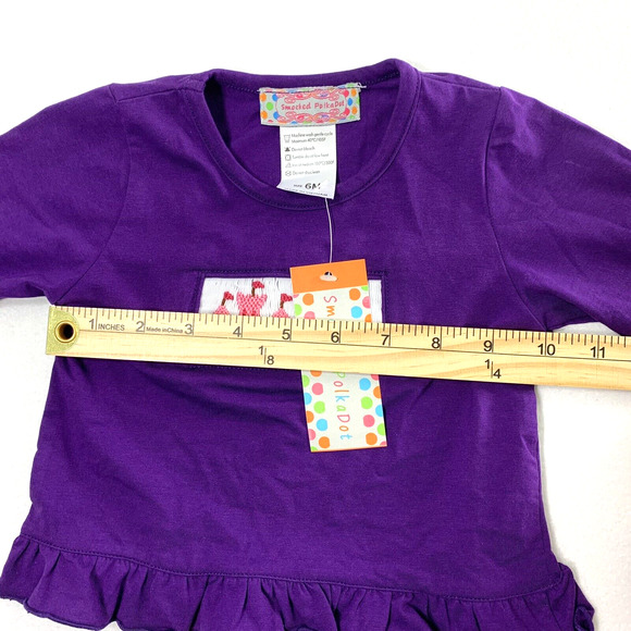 Smocked PolkaDot Top Girls 6 Months Embroidered Smock Purple‎ Ruffle Blouse - Picture 7 of 8